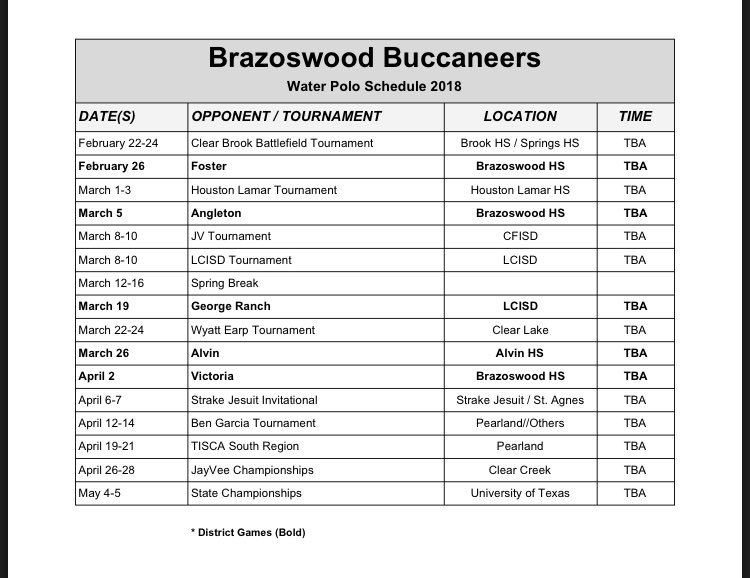 TheWetWood's tweet photo. 2018 Polo Schedule! Come out and watch us play our first district game against Foster on Monday! Games start at 5:15 https://t.co/dVfjVTyLbS