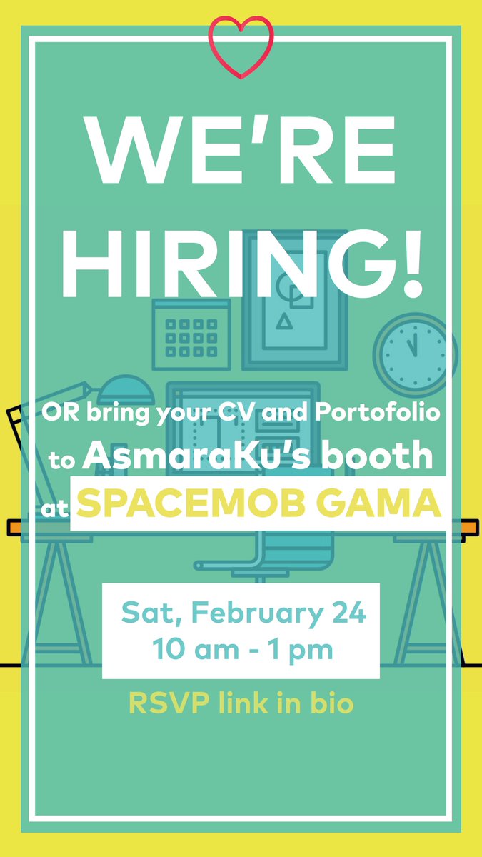 WE'RE HIRING!
send your CV and Portofolio to benihcinta@asmaraku.com OR  bring your CV and Portofolio to AsmaraKu booth at SPACEMOB GAMA, Sat, February 24 10 am - 1 pm
#intership #job