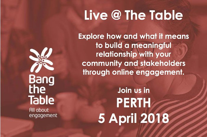RayScanlan1's tweet photo. CATCH UP!....Join me and my @BangtheTable colleagues in Perth. Join us for coffee, listen to our thoughts and musings and feel free to ask us what we know about online engagement! https://t.co/TYAjRhL6dK #CommunityEngagement  #Perth #LiveAtTheTable https://t.co/Os3yrZ7Zgo