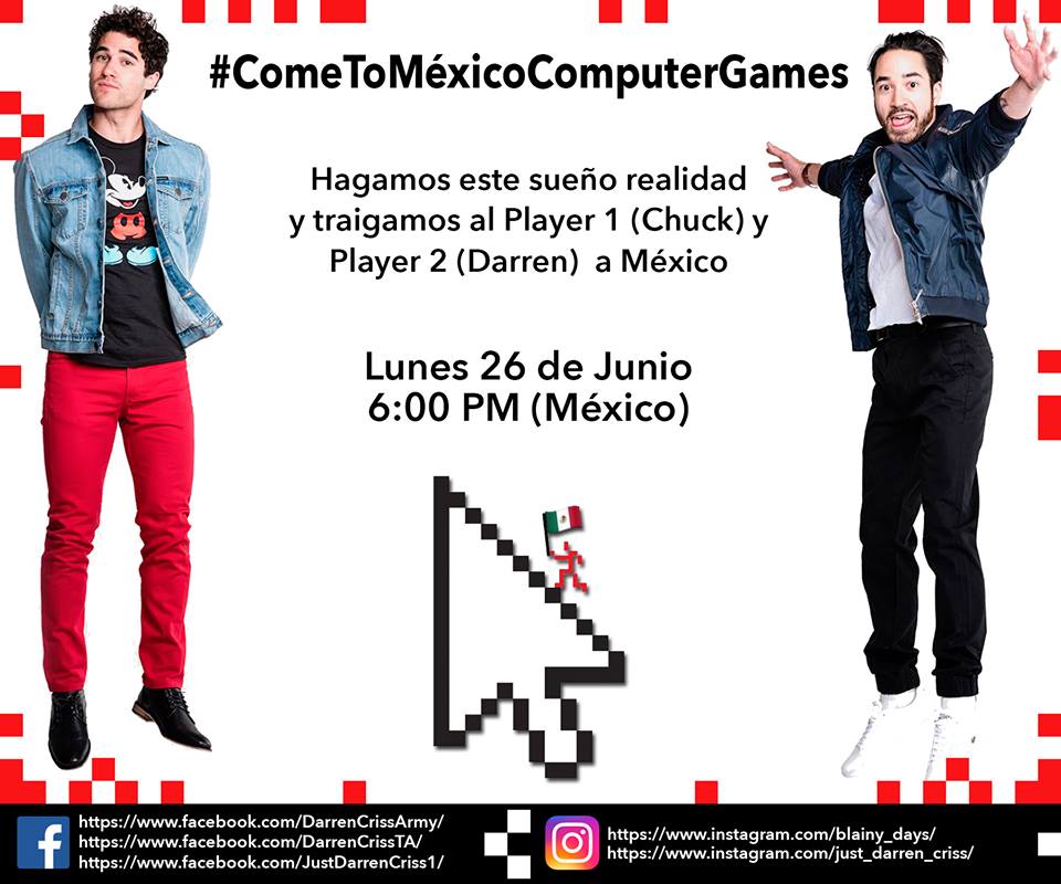 Erickcourage's tweet photo. We achieved Mexican fans, this is an example of how hard and teamwork we can achieve what we propose, last year the Mexican fans of @weplaycomputers made this hashtag #ComeToMexicoComputerGames to ask @RockerRick, @DarrenCriss and @Chuck_Criss to come to Mexico. 😍❤️🇲🇽 https://t.co/jIBQUNIilY