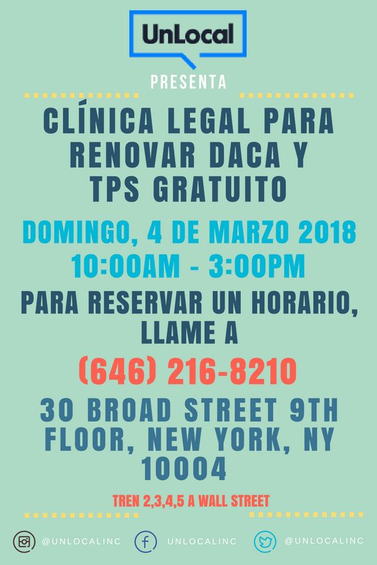 RitchieTorres's tweet photo. Free #DACA & #TPS Legal Clinic being offered by #UnLocal on March 4th. See below for more information. 👇🏽 https://t.co/V7slB3VOdC