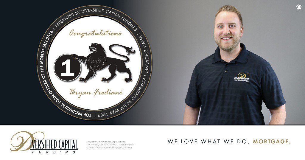 DivcapFunding's tweet photo. What a terrific month for #BryanFrediani! Our Top Producer in Vol. for Jan. 2018 &amp; ranked nationally #14 within all American Pacific Mortgage Branches! Now that's how you kick off the new year! #DIVCAP Keep up the great work Bryan! https://t.co/BbpyQu0X1I