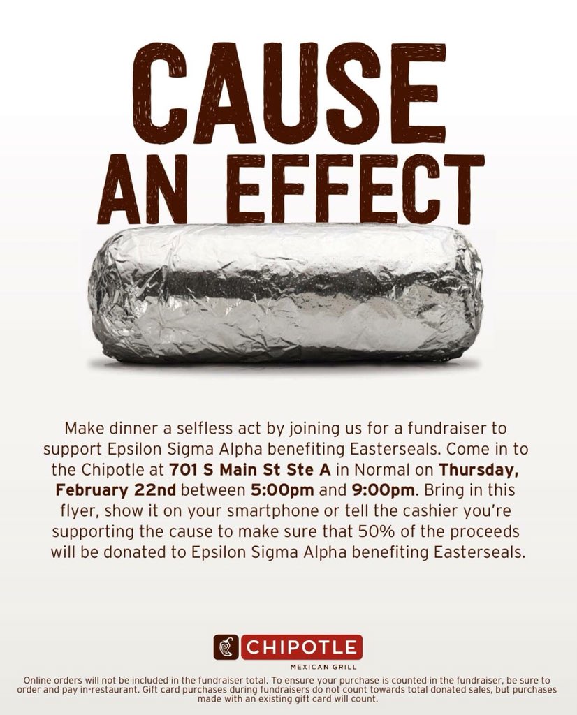 ESAISU's tweet image. The Chipotle on Main Street is calling your name!! Hit em up between 5-9 p.m. and support Easterseals by showing this flyer at the register! 💙💛