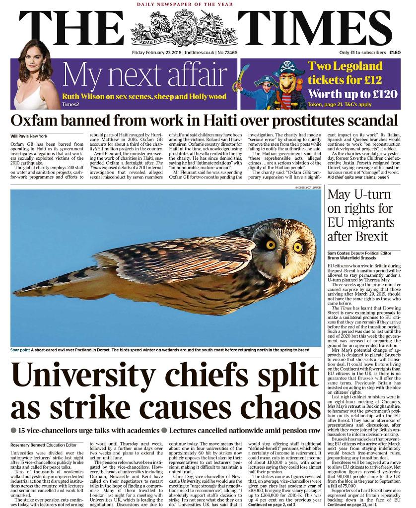 thetimes's tweet photo. Tomorrow's front page: University chiefs split as strike causes chaos #tomorrowspaperstoday https://t.co/S5VzpuTvwG