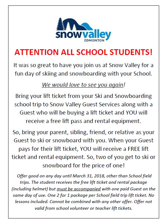 For all of our students who went on the Snow Valley Field Trip today, see the information below.