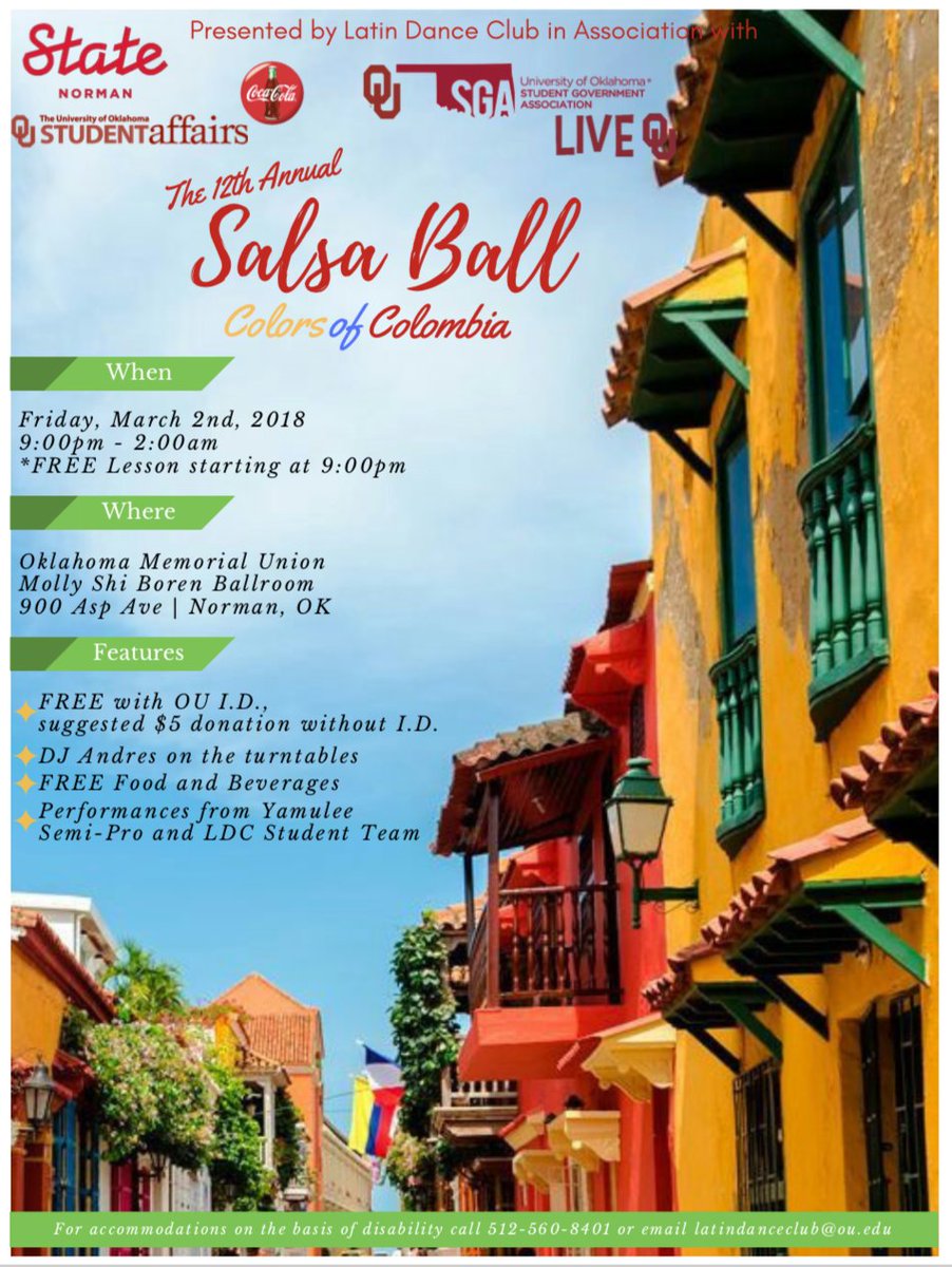 ldcOU's tweet image. Join us for our 12th annual SALSA BALL! FREE admission with an OU student ID and only $5 for non-students! There will be a FREE lesson at 9 PM, DJ Andres on the turntables, PROFESSIONAL performances, and of course, lots and lots of social dancing! We can't wait to see you there!