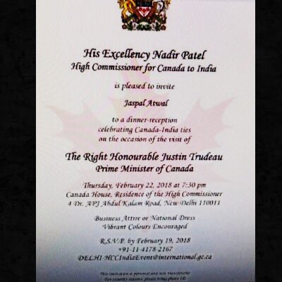 ConnyCurrently's tweet photo. The best part of this invitation is that more attention was paid to the attire (“vibrant colours encouraged!”) than the criminal record of the recipient.  The Trudeau government in a nutshell. #cdnpoli #TrudeauInIndia #terroristswelcome https://t.co/okH4olTodm