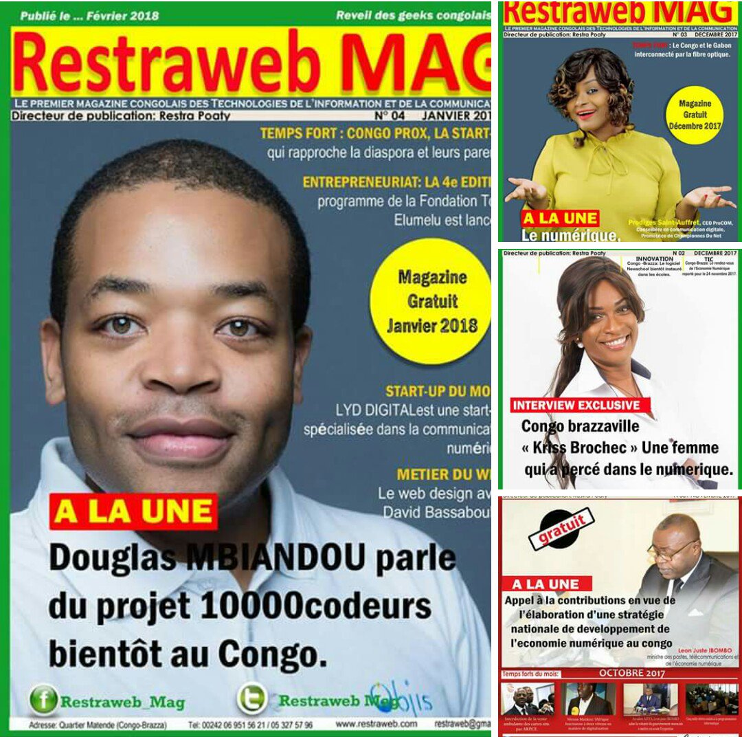 restra_poaty's tweet photo. (04) grdes personnalités des TIC ont fait #La_Une sur #Restraweb_Mag, pour les prochains N° cet #Espace de "couverture du Magazine" vs revient aussi .... Alors Réservez votre Espace des maintenant.
@lucMissidimbazi @LeonJuste @douglasmbiandou @KrissBrochec @edithbrou @OsianeCg https://t.co/CT4apNwSOb