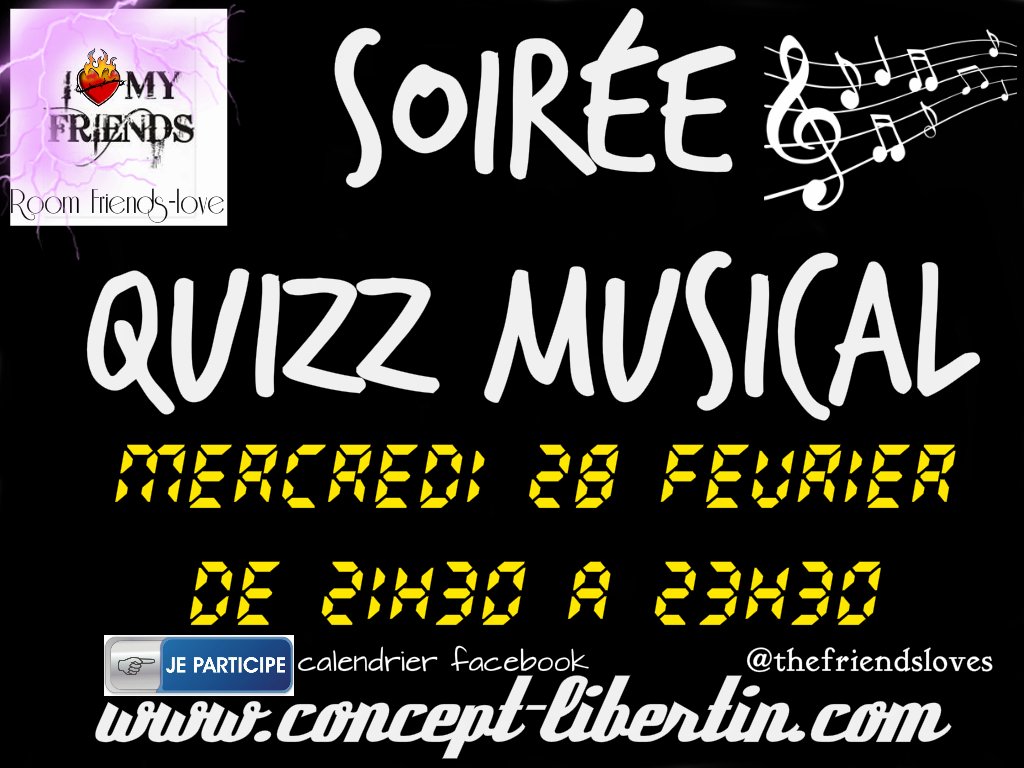 TheFriendsLove's tweet photo. Soirée #Quizz_musical sur la room #Friends-love de https://t.co/bwRBQDS6l3
MERCREDI 28 FEVRIER à partir 21h30.
Venez faire connaissance avec notre Room et communauté #libertine
100% #GRATUIT https://t.co/jIZviC48by