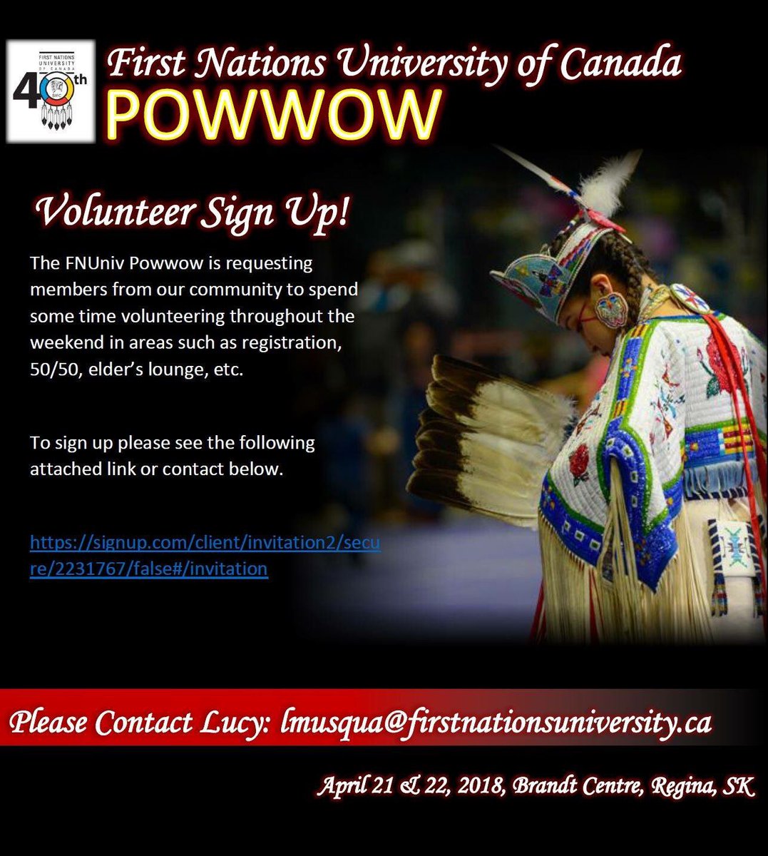 fnunivpowwow's tweet photo. VOLUNTEER CALL-OUT! #YQR #Volunteers #FNUniv40 https://t.co/P48ddunxlj