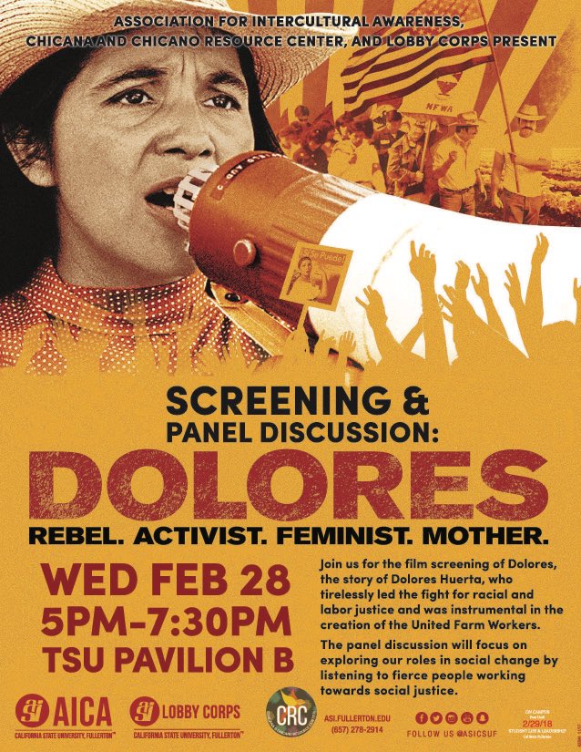 Join us for the film screening of Dolores, the story of Dolores Huerta, who tirelessly led the fight for racial and labor justice and was instrumental in the creation of the United Farm Workers.