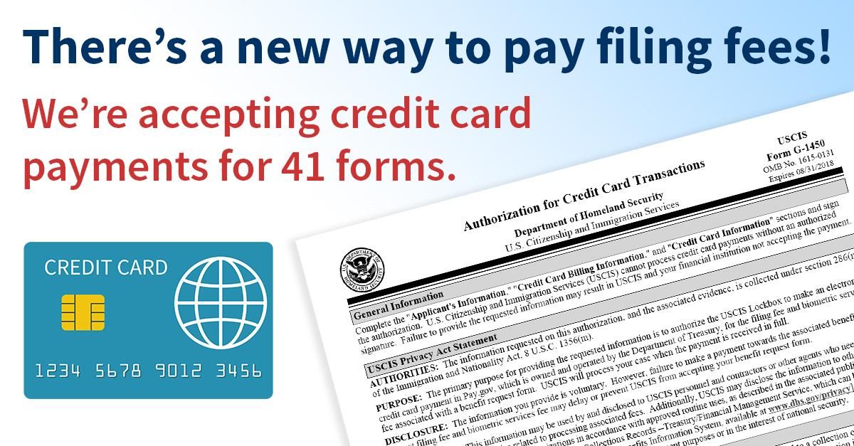 USCIS's tweet photo. Did you know you can now pay your filing and biometrics fees for many forms with a credit card?  https://t.co/RYdKoKbH00 https://t.co/At74jKvrjK