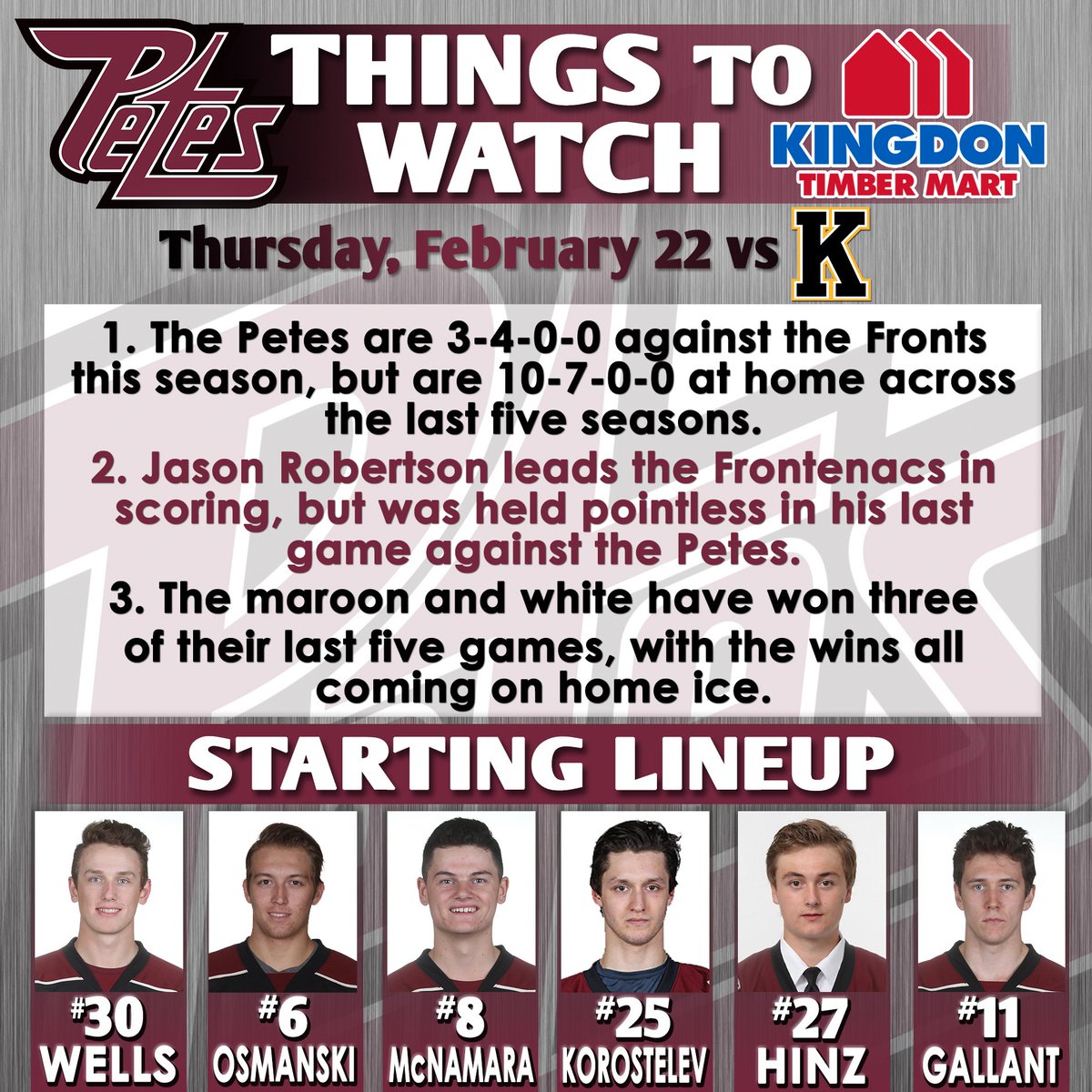 It's our final faceoff against the Fronts of the regular season! 35 minutes to puck drop.

Here are tonight's <a href="/KINGDON_LUMBER/">KINGDON TIMBER MART</a> Start &amp; Things to Watch!

📱>> Petes App
📻>> @ExtraPtbo 
📺>> <a href="/yourtvptbo/">yourTV Peterborough</a> 
💻>> ohllive.com