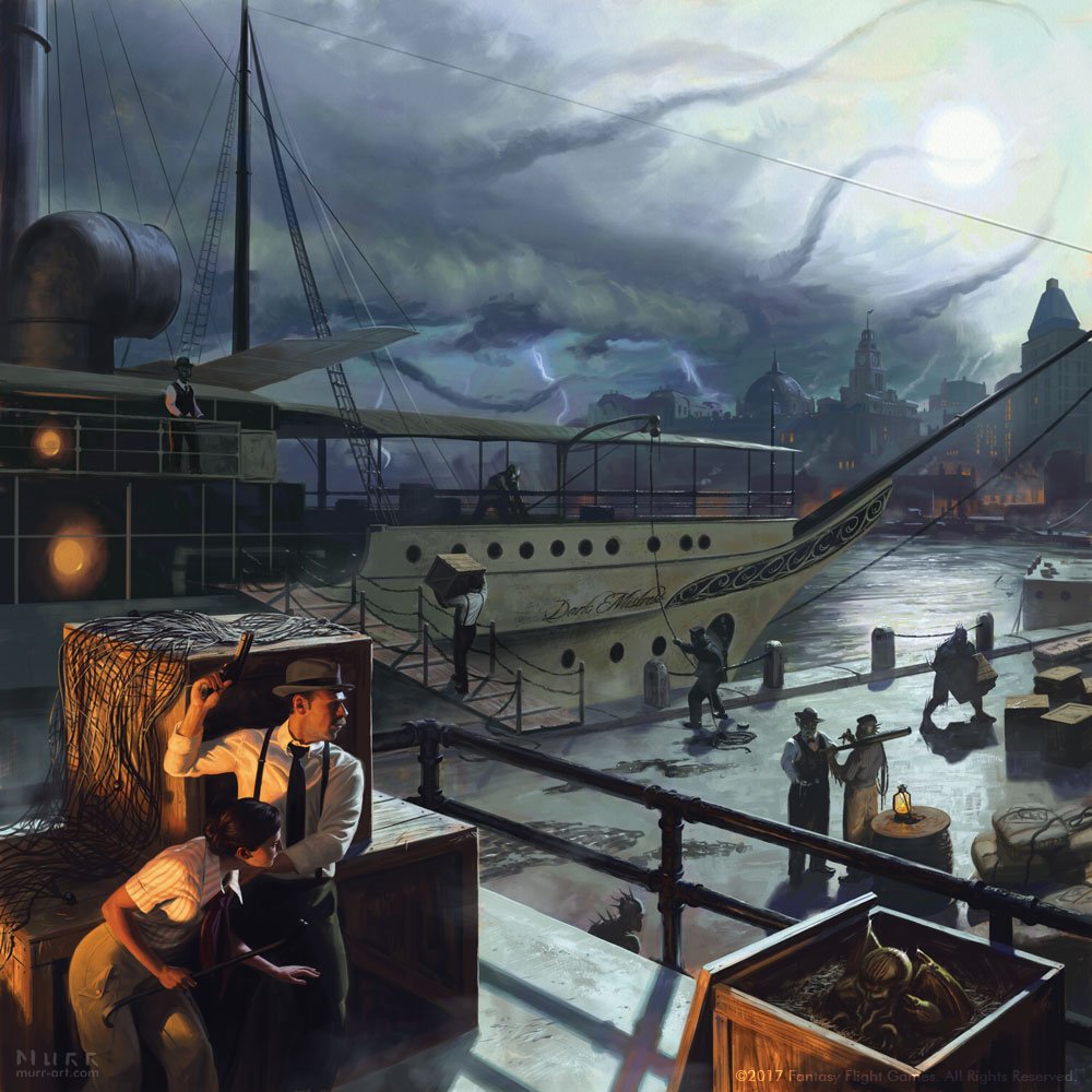 DeviantArt's tweet photo. The artist, @murr_art, uses a warm, secondary light source to draw attention to characters in the foreground of this Lovecraftian scene. https://t.co/VLlZTRmqcY https://t.co/KQ4Z0Ev9F0