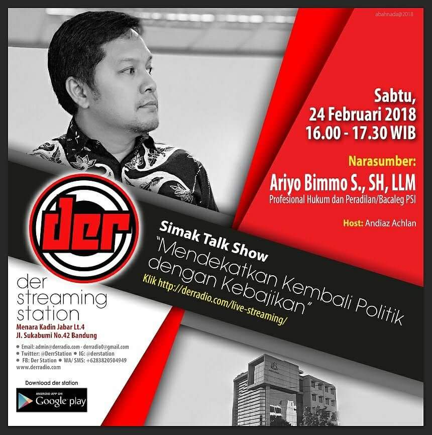 aryobimmo's tweet photo. Sahabat Der,
Simak Talkshow hari Sabtu, 24 Februari 2018, pukul 16.00 - 17.30

#TheRahmatanLilAlaminCenter #TRAC #DerStreamingStation #DerStation #DerRadio #24jamNonStop #info #derInfo #InfoDer #Radio #Talkshow #Politik #Kebajikan https://t.co/7HtMrKyW1c