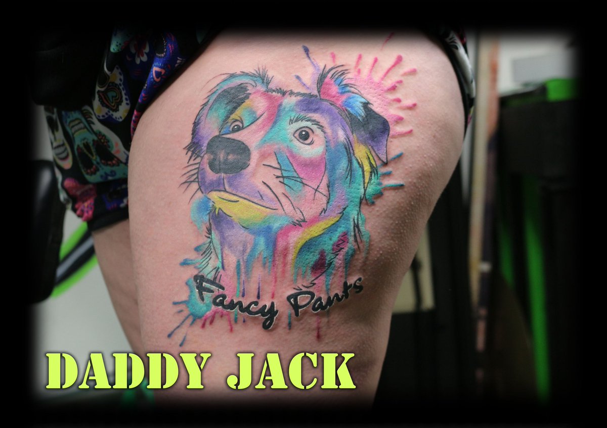 DaddyJackTattoo's tweet photo. Check out this watercolor animal portrait done by Daddy Jack! #texas #texastattoos #kellertattoos #dogtattoo #watercolor #watercolortattoo #animal #animaltattoo #animalhead #portrait #animallove #legtattoo #inked #inkedlife #daddyjacksbibdyartstudio #fusionink #cheyennehawkpen https://t.co/l6G5JvilRn