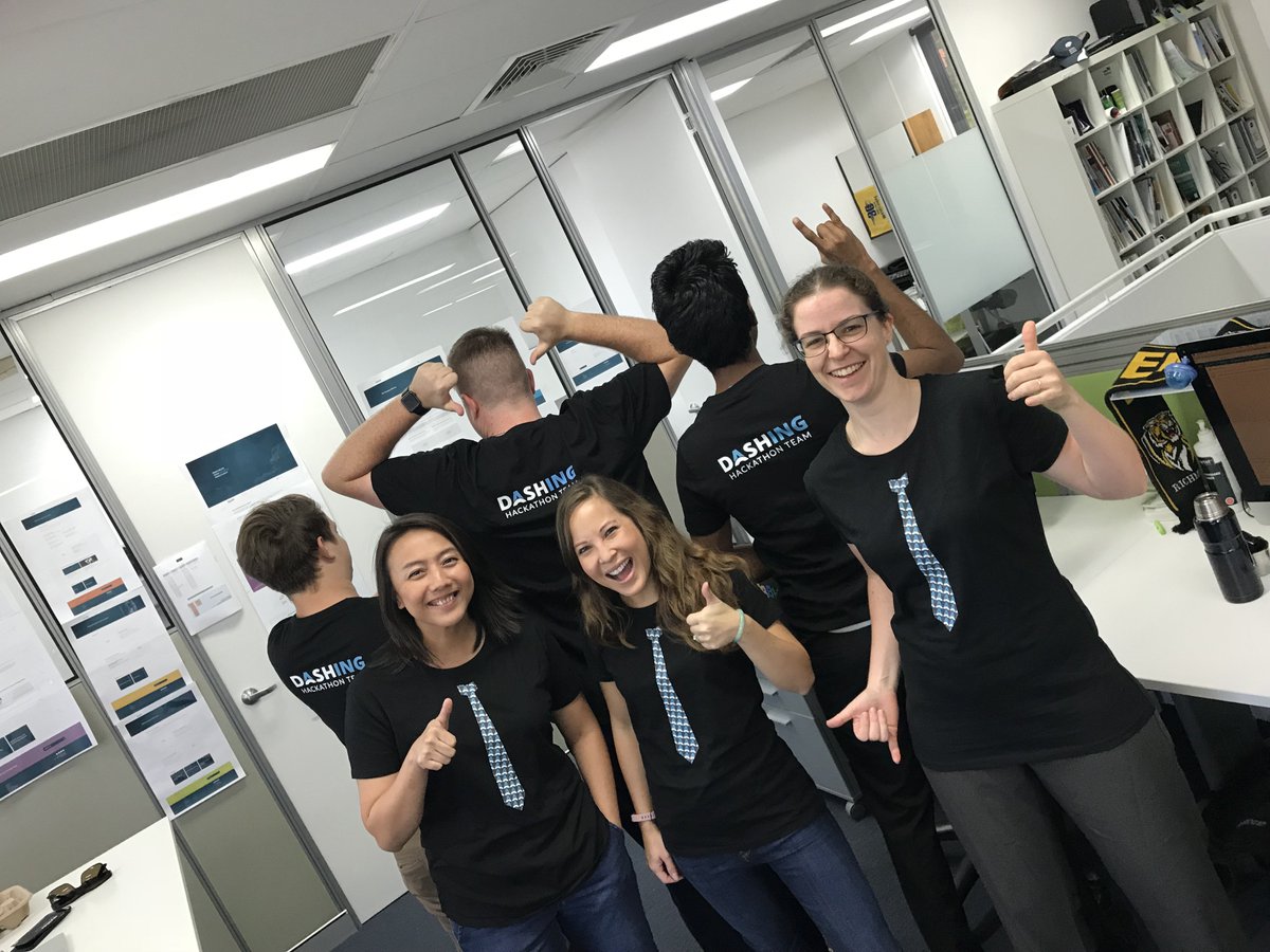dashperth's tweet image. As the #DashHack falls on #FormalFriday (the Friday after pay day), the dashing #Hackathon team have put on our best gear.