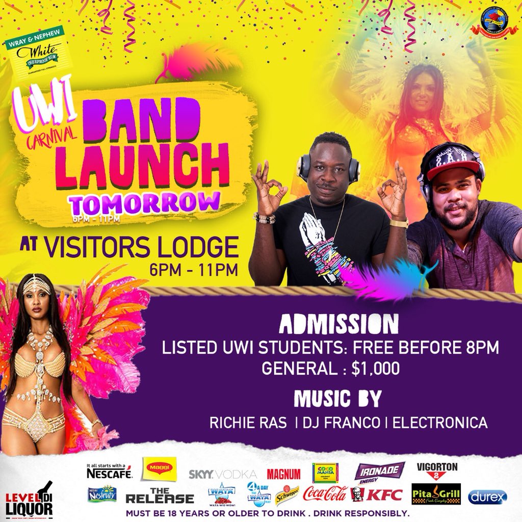 Zachary_JW's tweet image. The &quot;reveal&quot; is here 🥁 We transform the📍Mona Visitors Lodge tomorrow for the @uwicarnival Band Launch 🎉
ADM: Listed UWI students FREE. $800 presold $1000 general.
@wrayrum
#UWICarnival18 #TheUprising #LevelDiLiquor #iRepMyGuild