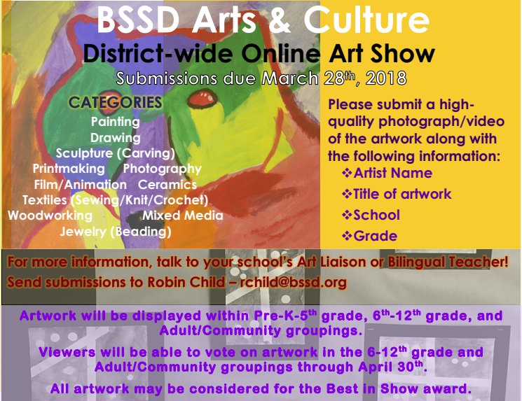 ElimEagles's tweet photo. I'm pleased to announce that the digitally-curated 3rd Annual BSSD Arts &amp; Culture Show is seeking submissions!  Who:  Grades pre-K through 12th grade &amp; Adult/Community (That's right! YOU can enter!)  When: Submissions due by March 28th, 2018  Website w ... https://t.co/mDQsgJxiMJ https://t.co/yhKjDB9gp3