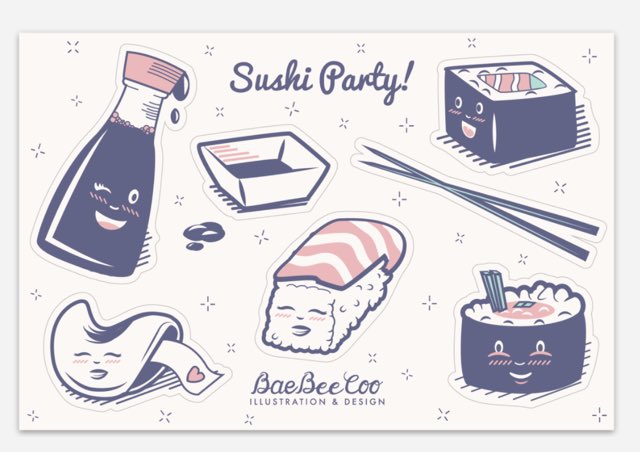 baebeecoo's tweet photo. My Sushi Party sticker pack available soon in my etsy shop!! Link in bio! Thanks @stickermule always does such a good job!!
#stickers #kawaii #sushi #sashimi #cute #illustration #Art https://t.co/DkjB6K2gLk