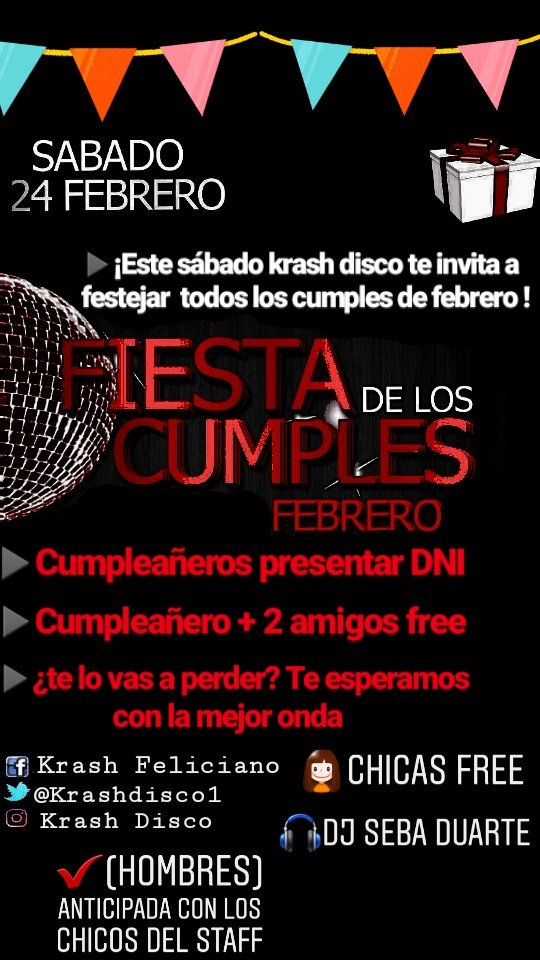 krashdisco1's tweet photo. ⚠SÁBADO 24⚠
🔥Se nos viene la tradicional fiesta de los cumples!!🎉🎂🎁
Quienes cumplan en #Febrero ingresan #Free+2 amigos!! 🙋👦👨
#ChicasFree toda la noche!! 👍💯
#DjSebaDuarte🎧
💣💣Y la #PROMO18 se va preparando para la #UPN que se viene en #Krash, están listos?💣💣 https://t.co/xw2qwfNpq2
