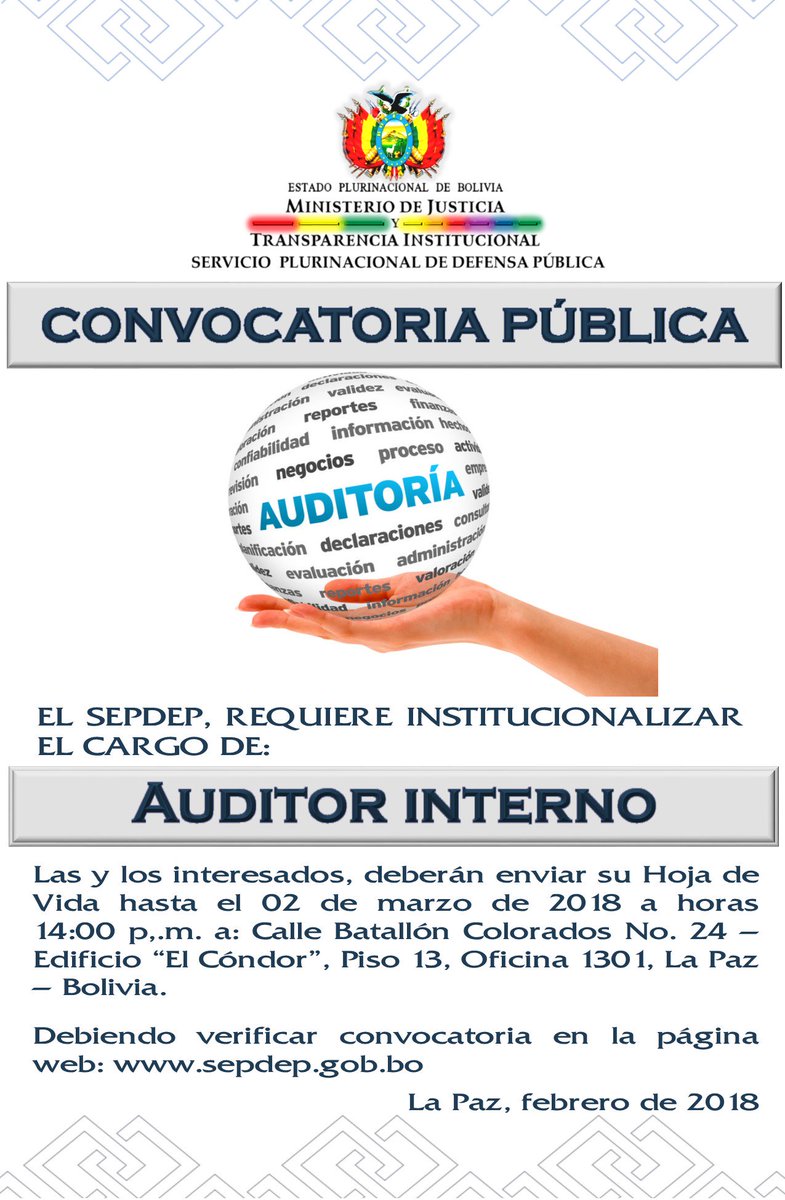 publica_defensa's tweet photo. #CONVOCATORIA PÚBLICA EXTERNA #SEPDEP #AUDITOR INTERNO.
mayores referencias: https://t.co/HVY60Ilb1B
Las postulación vence el 02 de marzo de 2018 a horas 14:00 p.m. https://t.co/NSL4VTO7LG