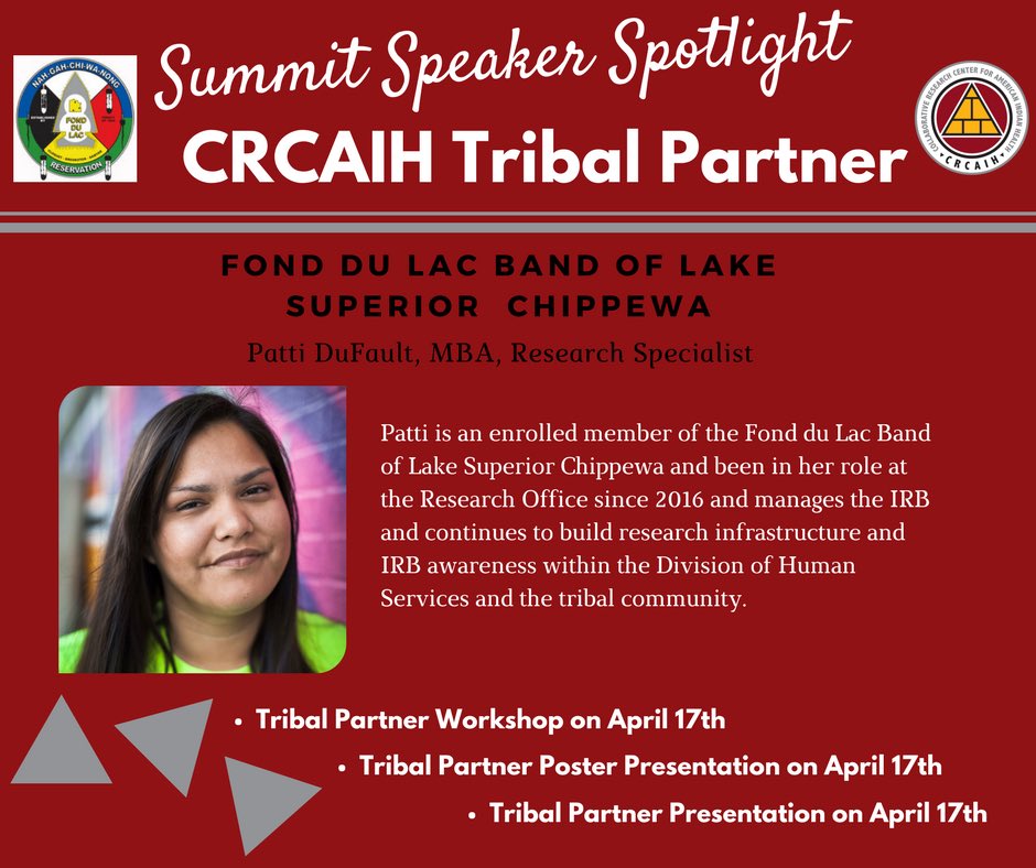 CRCAIH's tweet photo. The Summit Speaker Spotlight today is on Patti DuFault, Research Specialist with the Fond du Lac Band of Lake Superior Chippewa! #Summit2018 #AmericanIndianresearch #CRCAIH https://t.co/KBjIBsGcaL