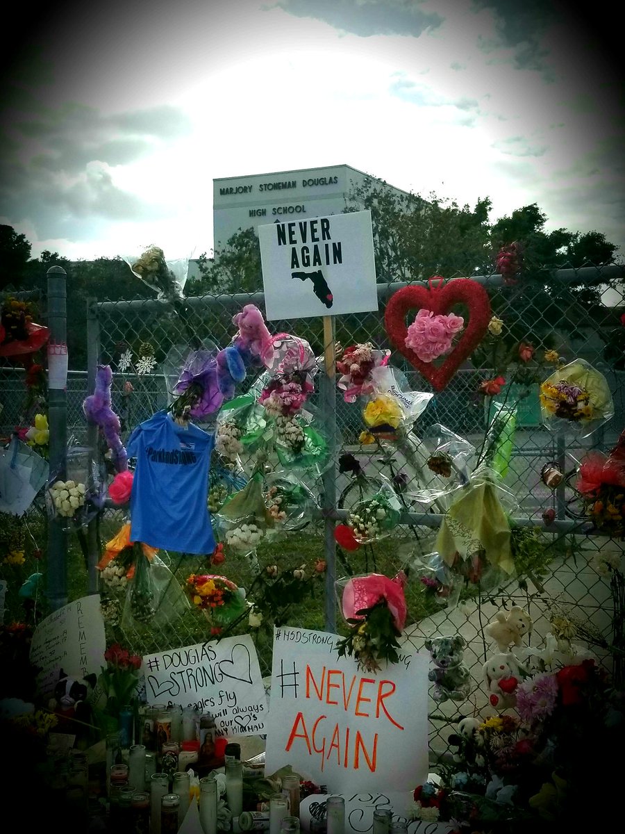 CurbeloDayami's tweet photo. Today my coworkers and I went to pay our respects to the teachers and students who lost their lives last week. As a parent and a teacher I felt pain and anger. No school should ever be turned into a memorial. @NBFelem @NeverAgainMSD 
#EnoughIsEnough 
#MSDStrong https://t.co/vkiIQWHvBk