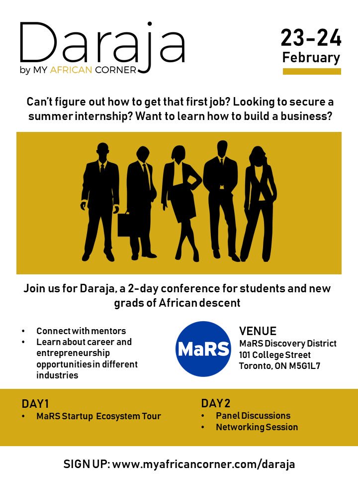 hey friends, i’ll be moderating the finance panel for this conference on February 24th at <a href="/MaRSDD/">MaRS</a> . please come through if you’re in the GTA! you can register here: myafricancorner.com/daraja/