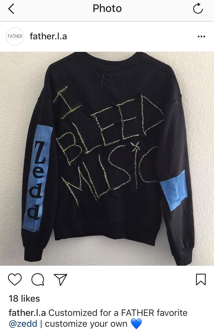 ZeddStyle's tweet photo. Clothing brand, Father LA, has customized a new sweater for @Zedd #ZeddStyle https://t.co/BjIocadNI5