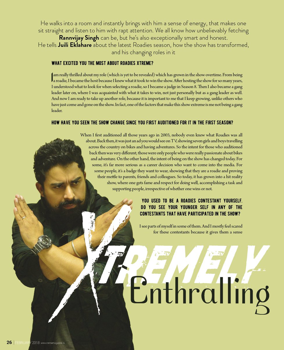 juilieklahare's tweet photo. In conversation with @RannvijaySingha on the latest #Roadies season and how reality TV shows are a platform to boost talent in #CremeMagazine's February issue.

#RannvijaySingh @NehaDhupia #RoadiesXtreme #Pune https://t.co/lqIGQiGO49
