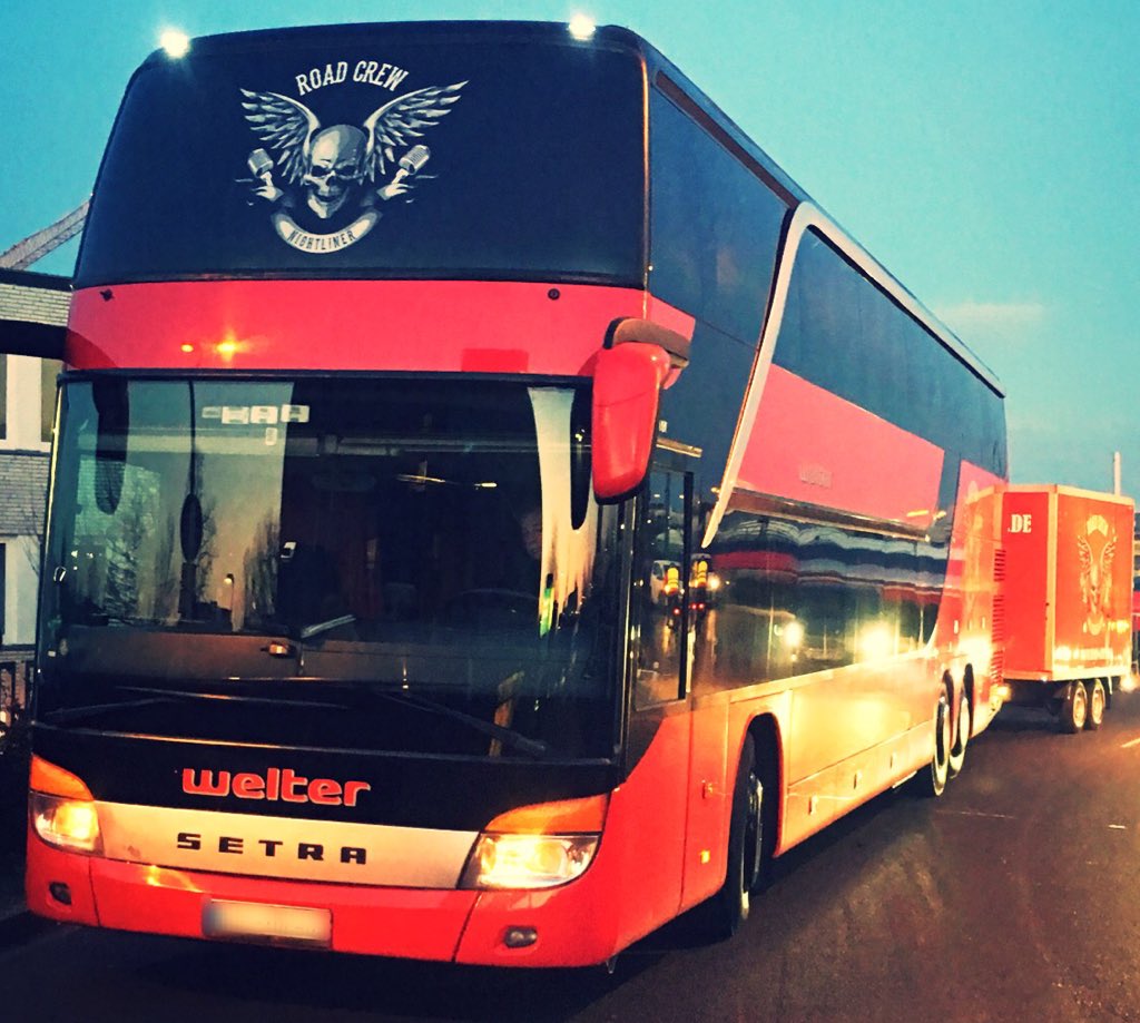 DianaDrummerGrl's tweet photo. Home for the next month. #SlowDeath #EuroTour #🐢☠️ #Carnifex #Oceano #AversionsCrown #Disentombed #BusLife #MerchTableHangs https://t.co/ymnqMYHjHL