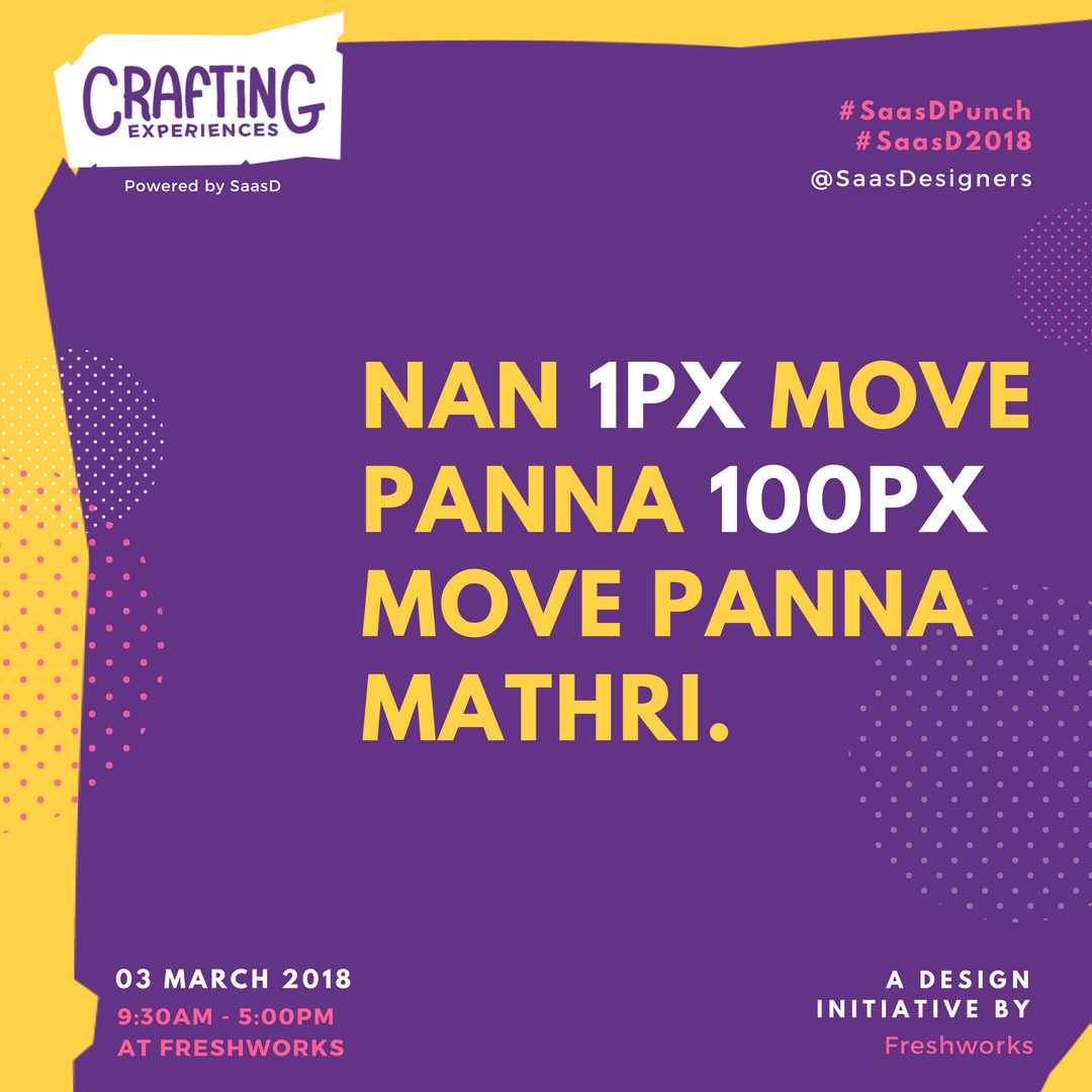 SaasDesigners's tweet photo. Unga vazhiyum thani vazhiya? What's unique about your style of design?
#SaasD #SaasD2018 #CraftingExperiences #CraftingExperience #DesignDay #DesignerTalk #Design #DesignerMeetup https://t.co/DJhbOj4g9Q