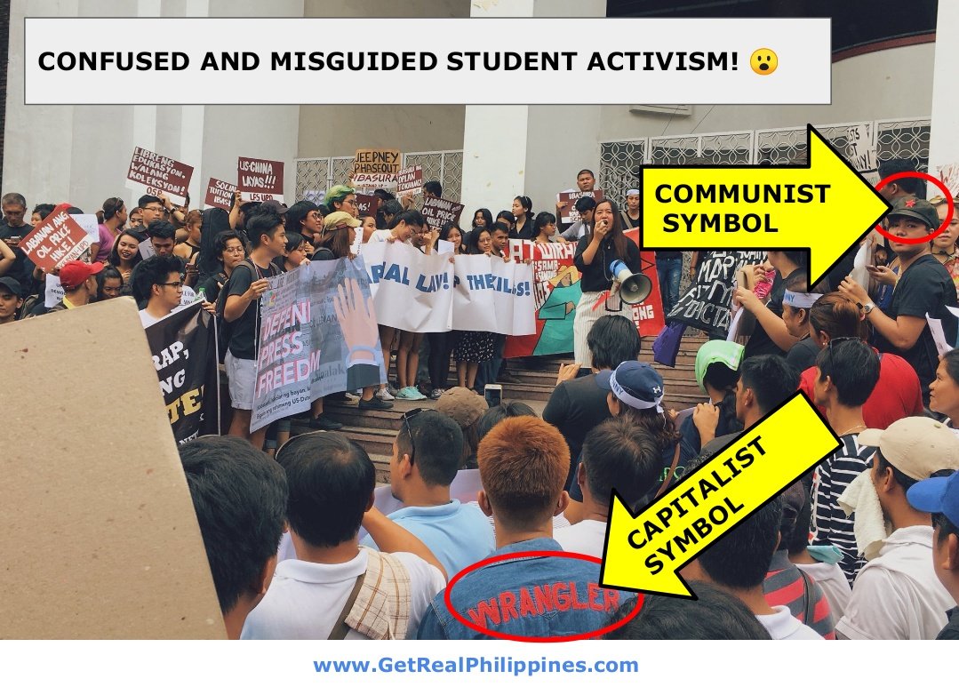 benign0's tweet photo. Student "activists" suffer an identity crisis. Are they minions of an old Cold War era commie insurgency? Or are they children of the US-Philippine reactionary "dictatorship". Somebody sort their heads out, plez. #ShutdownUP #WalkoutPH https://t.co/EXiuefuLXq
