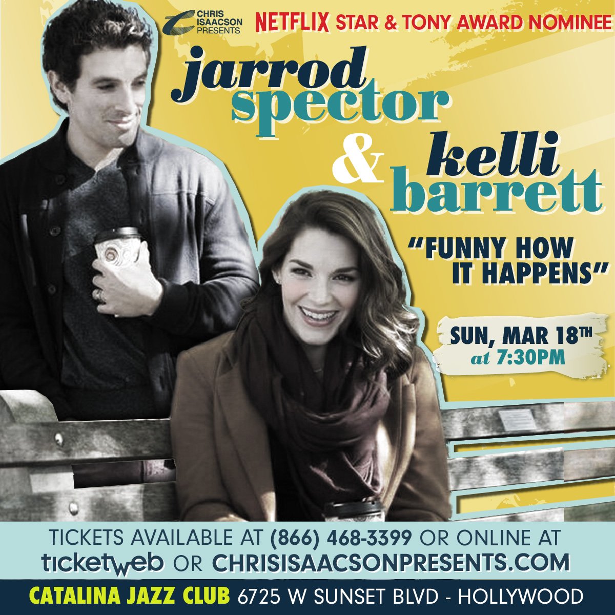 ChrisIsaacson's tweet image. #OnlyOneMonth, Broadway power-couple @Kelli_Barrett (@Netflix #ThePunisher) &amp;amp; @JarrodSpector (Tony-nom, Beautiful The @Carole_King Musical) debut "Funny How It Happen's" at @CatJazzClub 3/18 at 7:30p. Join us! 

Get your Tix! bit.ly/FunnyHowItHapp… @TicketWeb 
#Hollywood