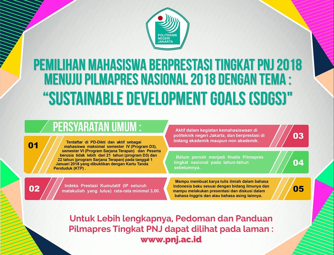 [Pemilihan Mahasiswa Berprestasi Tingkat PNJ 2018]
.
Halo Mahasiswa!
.
Bagi kalian mahasiswa/i PNJ yang punya prestasi kami tunggu diPilmapres PNJ 2018.
.
Untuk panduan lebih lanjut dapat dilihat pada laman
🌐 pnj.ac.id
.
BAG KEMAHASISWAAN POLITEKNIK NEGERI JAKARTA