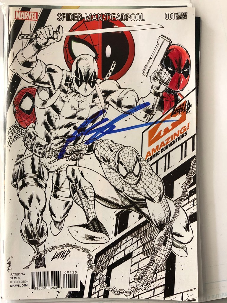robertliefeld's tweet photo. This book needs a home! I’m doing another twitter giveaway, this time it’s this Spider Man/Deadpool Variant with a COLOR Remarque of both on it. Must FOLLOW and RT, choose from random selection on Friday at 7pm pacific! Good luck! https://t.co/bTGHzVV7lk