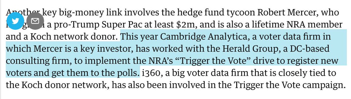 Okay. Here it is."Frog In Our Throats: Intro"- THREAD -1. Robert Mercer's company, Cambridge Analytica, cultivates & powers the messaging for the NRA. https://www.theguardian.com/us-news/2016/sep/16/nra-hillary-clinton-donald-trump-gun-controlAfter months of studying 4Chan/Reddit/Gab & other troll cafeterias, I can tell you with assurity...