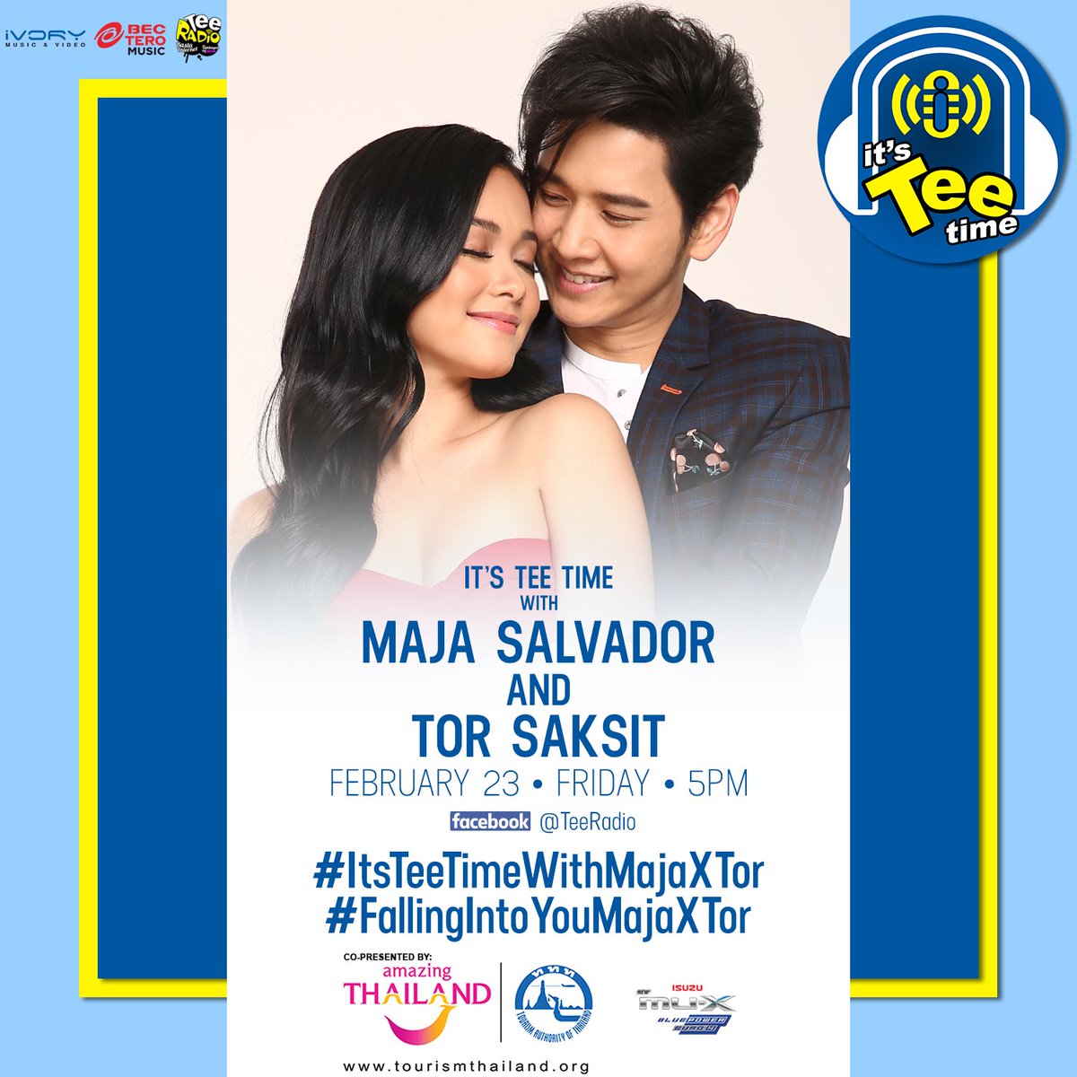 IvoryMusicPH's tweet photo. Mga #KaTeeGang! MAMAYA NA! 5PM sa @teeradio Facebook 🙂
#Itsteetime with Miss @dprincessmaja and @torsaksit !😍
Stream and Share #FallingIntoYou by #MajaSalvador X #ToRSaksit on😍
@Spotify 👉 https://t.co/goiDSnnQo2
#ItsTeeTimeWithMajaXTor
#FallingIntoYouMajaXTor https://t.co/SmcpozzjJp
