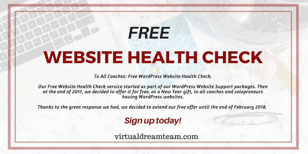 Maria_VDT's tweet photo. @markandrewbaker Hello, we are offering our #free Website Health Check Service to all coaches and solopreneurs having #wordpress websites. 

Should you be interested just sign up here: https://t.co/3OLk3CVabN No obligations or strings attached. HURRY until Feb 28 only! https://t.co/64K6gRp2Va
