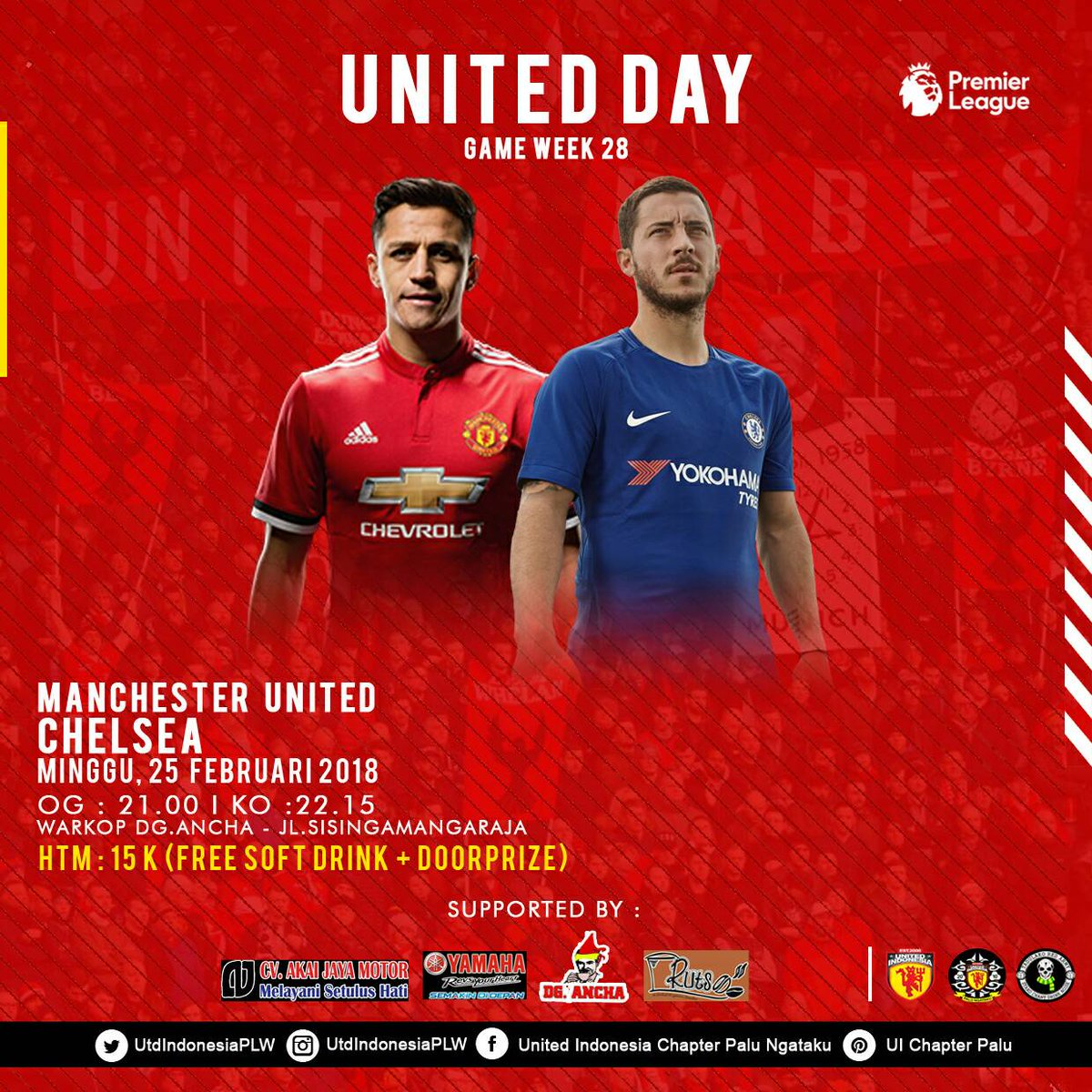 Come and join!!!! 
[NOBAR] 

*SUPER BIG MATCH*

@utdindonesiaplw WITH @CISCPALU

#EPL MatchDay 28

Man. United vs CHELSEA FC
H/T : minggu 25/02/18
O.G : 21.00 wita
Venue: Warkop daeng ancha (jl. Sinsingamangaraja) 
HTM: 15K (include soft drink) 

#JanganKasihKendor!!!!