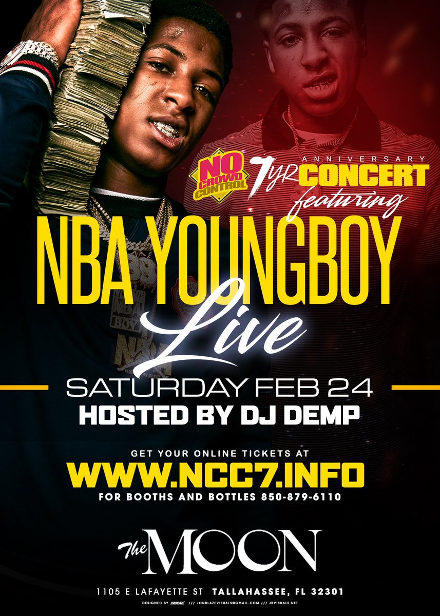ThickChick850's tweet photo. #NoCrowdControl7 Anniversary Weekend
• FRIDAY FEB 23rd, FREE All Night @ PLAY
• SATURDAY FEB 24th, NBA YoungBoy @ The Moon
• BUY Tix Now, Click Here https://t.co/xmAQiiv5Wk
#NCC7 #NoCrowdcontrol #concert #Tallahassee #TheWolfPackEnt #850Digital @850DIGITAL #Viral #NBAYoungBoy https://t.co/fh8OWvOp7t