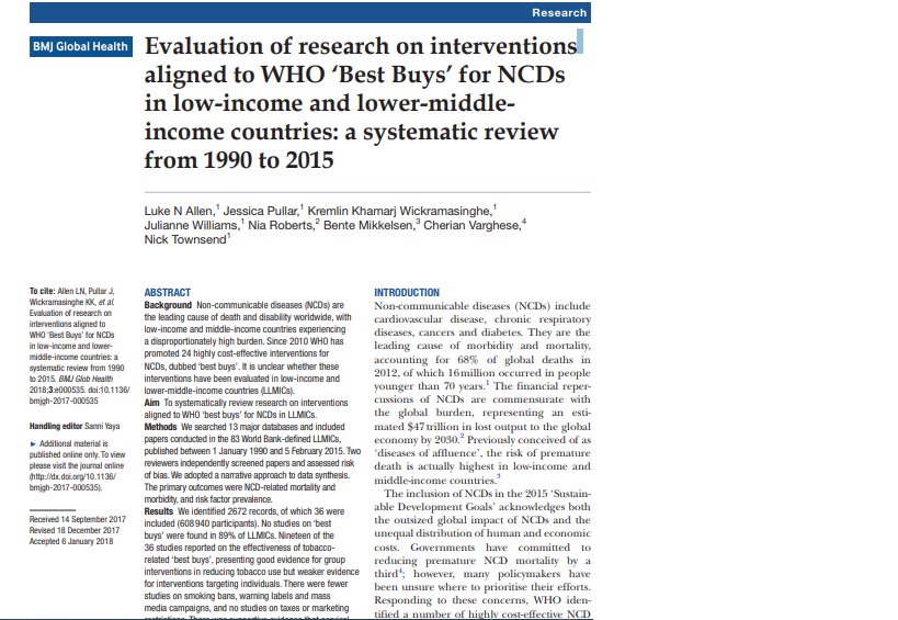 New systematic review @GlobalHealthBMJ Research on interventions
aligned to WHO ‘Best Buys’ #beatNCDs .Most #LLMICs have not conducted research on these interventions in their populations bit.ly/2ovbxKa #implementationResearch #evaluation