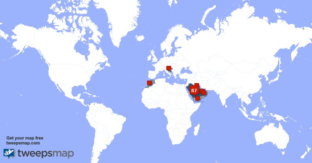 حسب tweepsmap.com/!jamayka6991 حوالي86% من متابعيني يعيشون في السعوديه والكويت(4%),المغرب(3%)