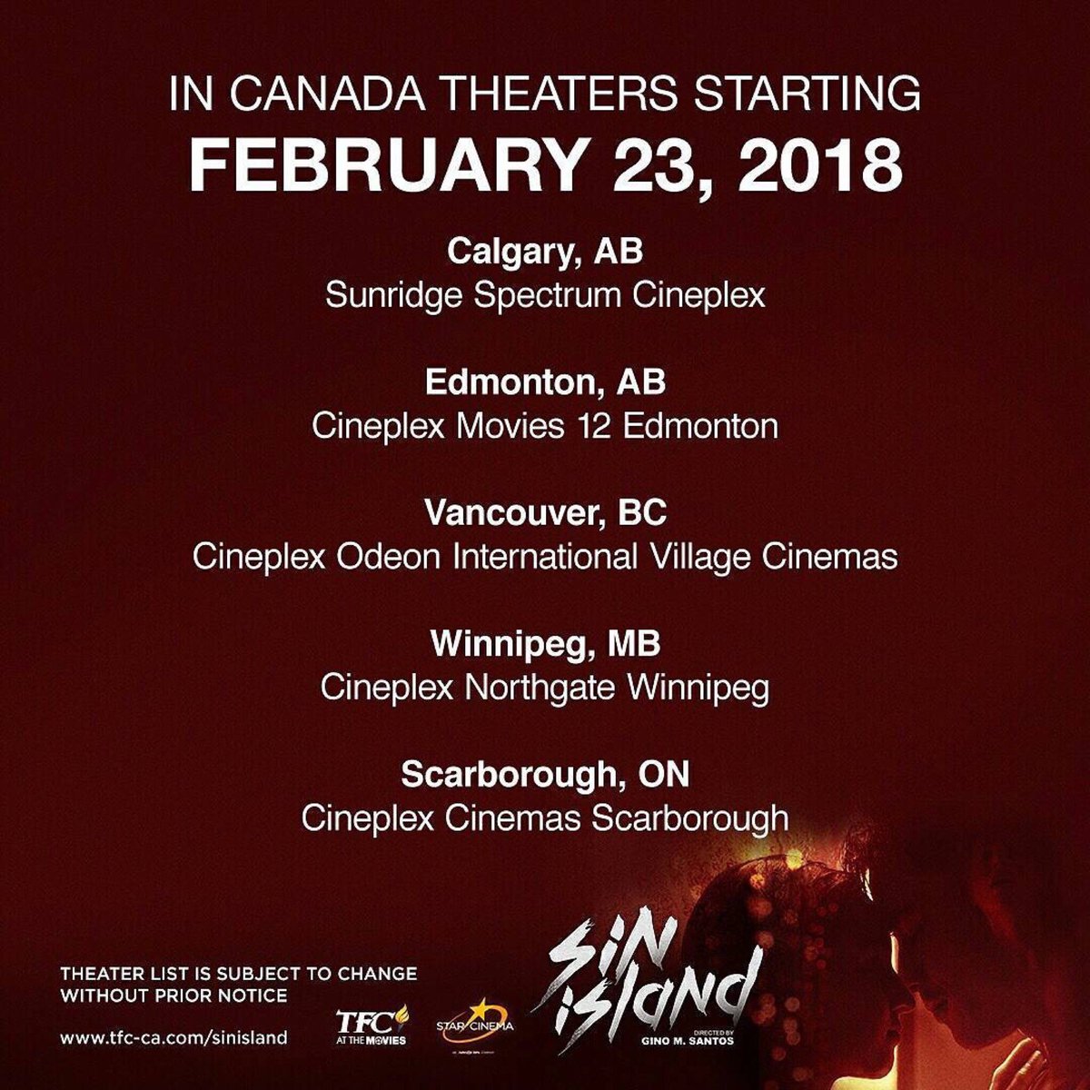 Xianatics_Ako's tweet photo. Kapamilya Globies ,Team Abroad starting February 23 we can watch the most talked about & #1local movie #SinIsland showing in Canada 🇨🇦 Theatres starring ur very own @XianLimm w/ @coleengarcia @imnathaliehart
directed by @ginomsantos https://t.co/cPJwRVRntj