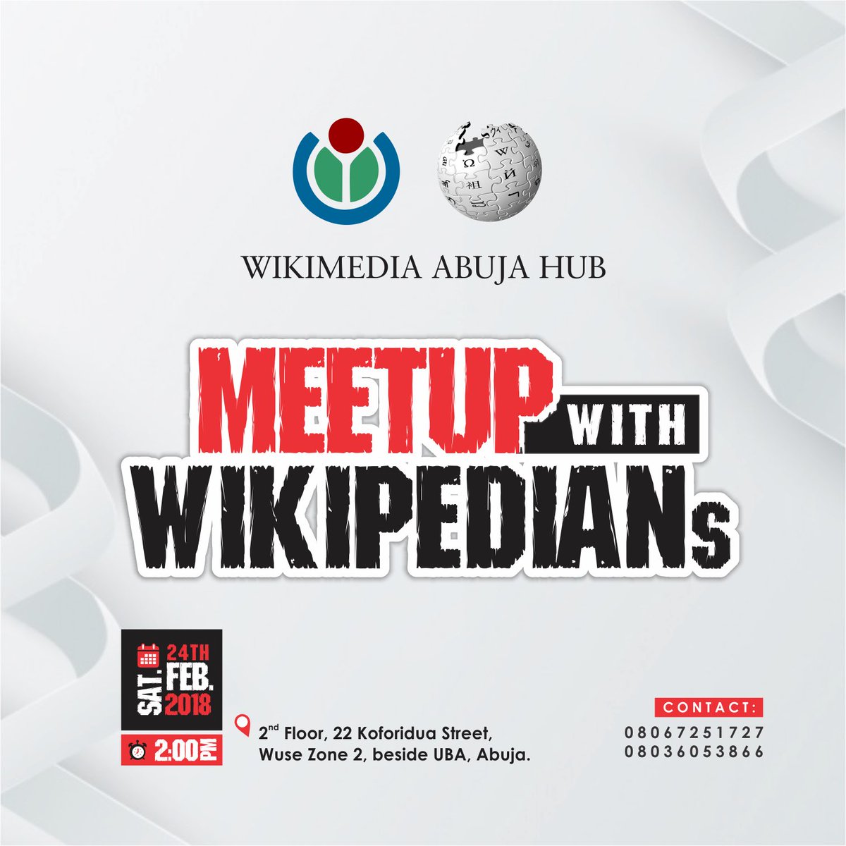 wikimediaigbo's tweet photo. You are specially invited to the Wikimedia Abuja Hub Meeting/Induction

Date: Saturday, 24th February, 2018
Time: 2pm
Venue: 2nd Floor, 22 Koforidua Street, Wuse Zone 2, Abuja, Nigeria

Invite your friends who wish to join @Wikimedia community. https://t.co/PLCMTXt5UH