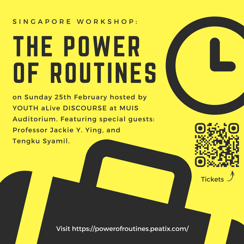 The day is coming close! A bonus opportunity to build your own weekly routines!
Don't miss out on this workshop! 😁 Let's get out of those mid-day slumps and dreary days 💪

To read more into these sessions, the workshop and the special guests, visit: powerofroutines.peatix.com