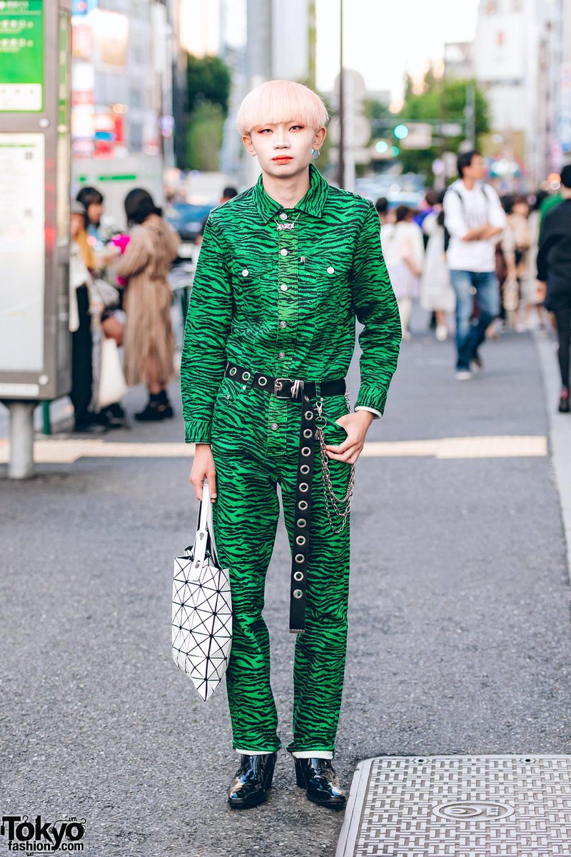 Tokyo Fashion on X: Japanese college student Chibakoo on the street in  Harajuku wearing a green tiger print jumpsuit from the Kenzo x H&M  collection, Yosuke boots & an Issey Miyake Bao
