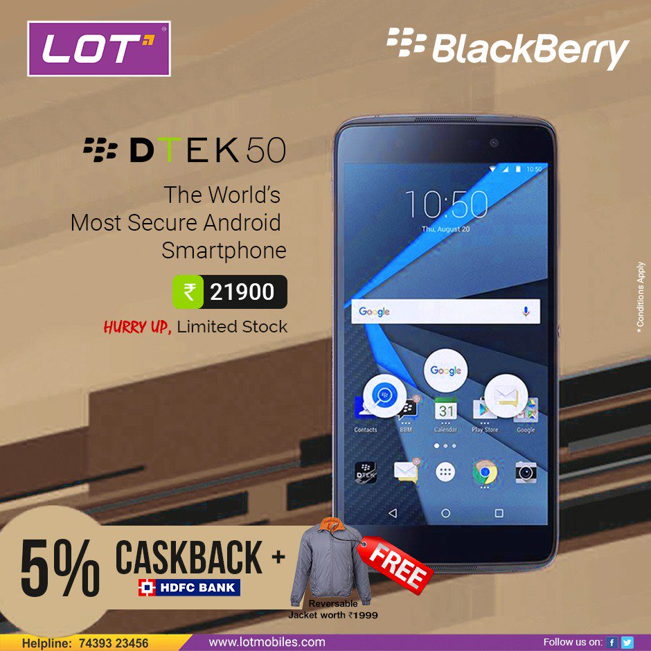 Lotmobiles's tweet photo. The World’s Most Secure Android Smartphones. With the BlackBerry DTEK 50 series of smartphones, you have built in armour protecting your personal information. Get 5% cashback on HDFC credit card &amp; Free Reversable Jacket.
#LOTMobiles #BlackBerryDTEK50 #DTEK50 https://t.co/iIXBRyX7pz