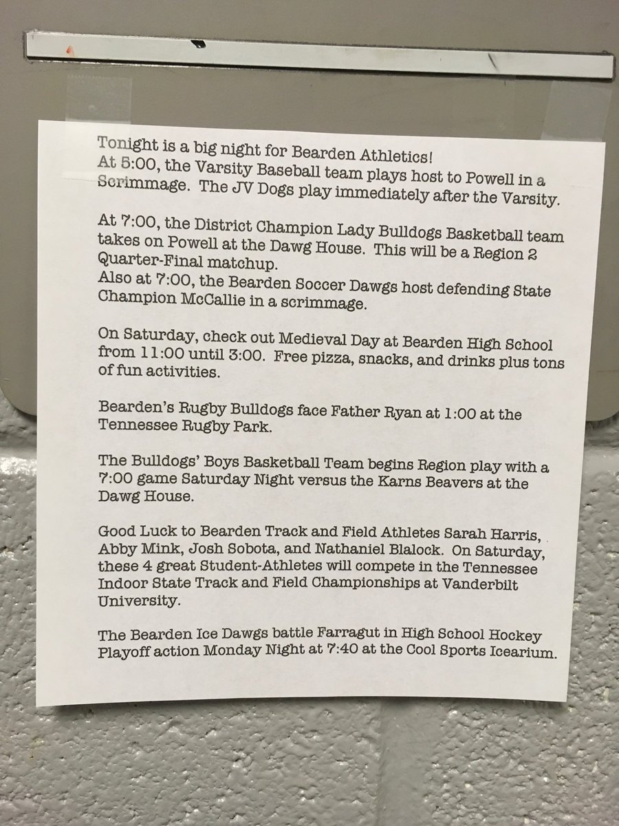 Here’s an Early Look 👀 at Friday Morning’s Bearden High School Announcements!  Possibly the busiest weekend in Bearden Extra-Curricular Activities History 🐶 ⚾️🏀🏉⚽️🏀🏒 🐶⛷🤼‍♂️⛹️‍♀️⛹️‍♂️🏌️‍♂️🏌️‍♀️🏄‍♀️🏄‍♂️🏊‍♂️🏊‍♀️🤽‍♂️ #BEARDENHIGHSCHOOL🐶